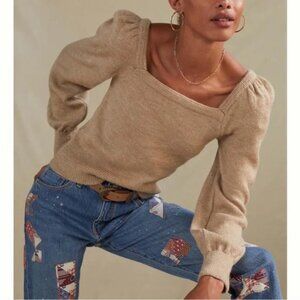 NWT Anthropologie Square Neck Balloon Puff Sleeve Knit Sweater Oatmeal Beige S
